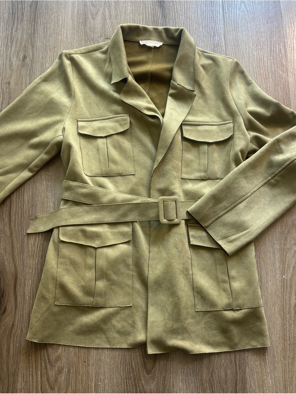 Evereve Solitaire Jacket Womens Medium Green Faux Suede Belted Utility Chore
